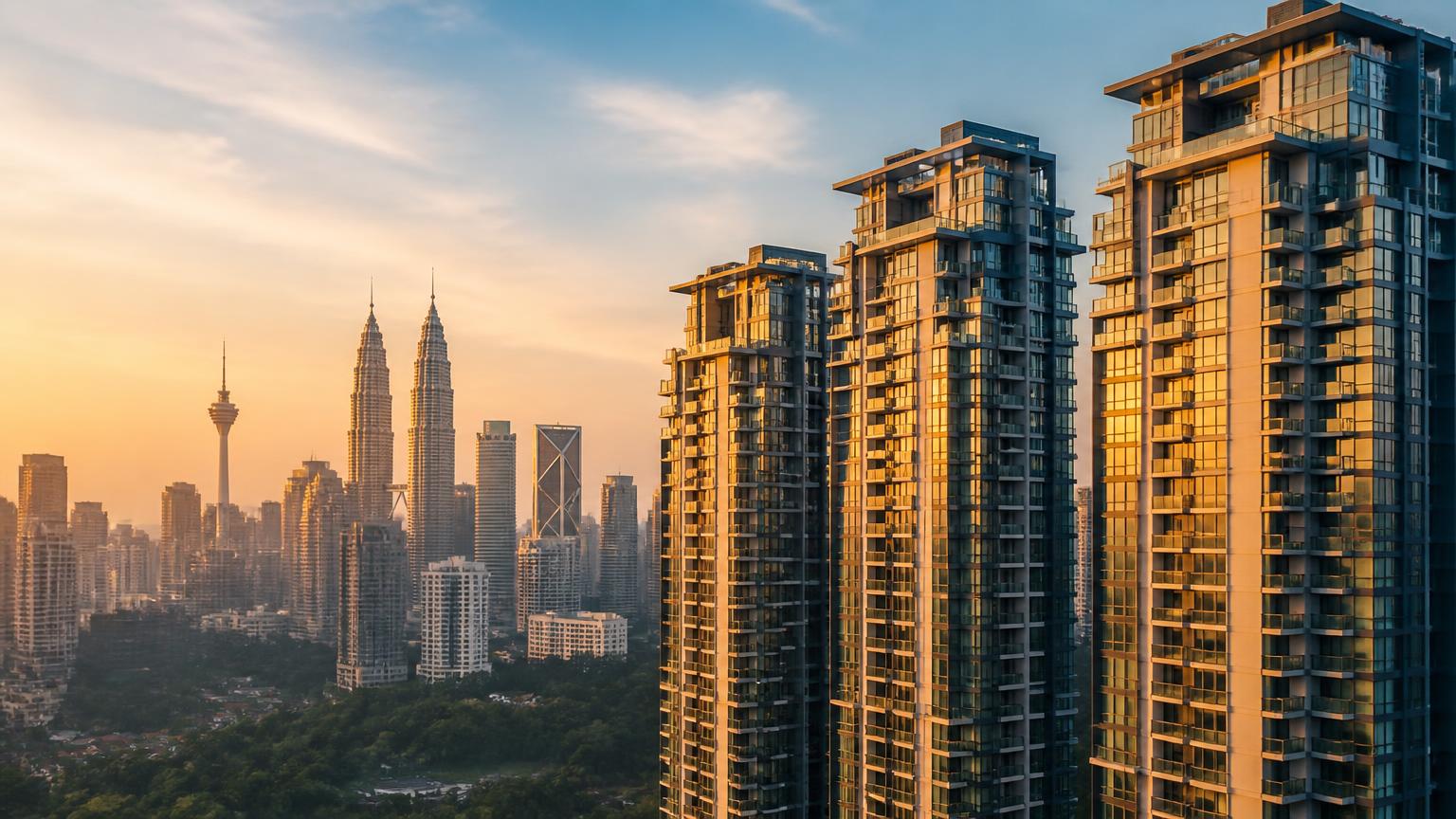 Kuala Lumpur skyline at golden hour with modern residential condominium towers, illustrating Malaysia property options for Singapore buyers